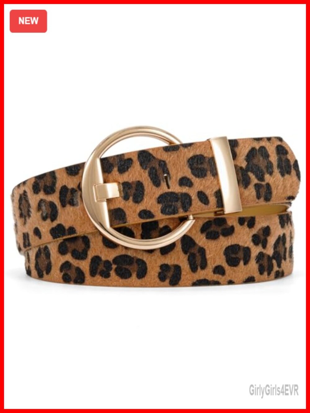 Leopard Print PU Leather Belt with Circular Gold Buckle